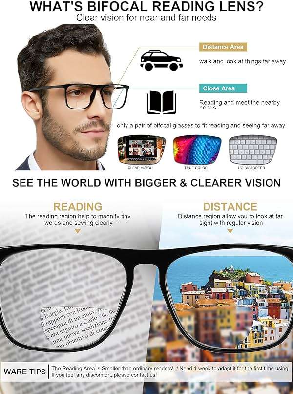 MARE AZZURO Large Bifocal Reading Glasses Men Blue Light Blocking Readers Square Reader 0 1.0 1.5 2.0 2.5 3.0 3.5 (Black, 2.50) - Image 2