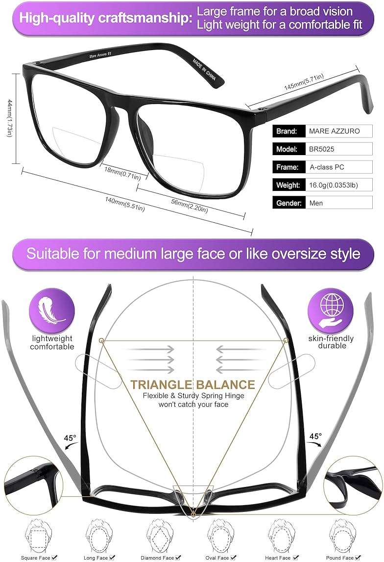 MARE AZZURO Large Bifocal Reading Glasses Men Blue Light Blocking Readers Square Reader 0 1.0 1.5 2.0 2.5 3.0 3.5 (Black, 2.50) - Image 4