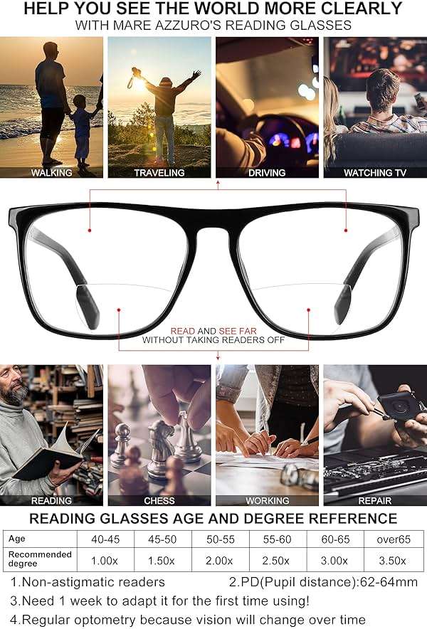 MARE AZZURO Large Bifocal Reading Glasses Men Blue Light Blocking Readers Square Reader 0 1.0 1.5 2.0 2.5 3.0 3.5 (Black, 2.50) - Image 5