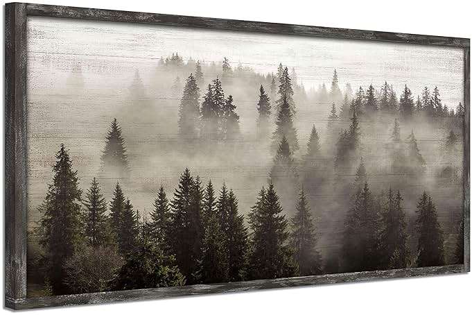 Foggy Forest Wooden Wall Art: Landscape Mountain Artwork Prints with Wooden Framed for Living Room (40”W x 20”H, Multi-Sized) - Image 1