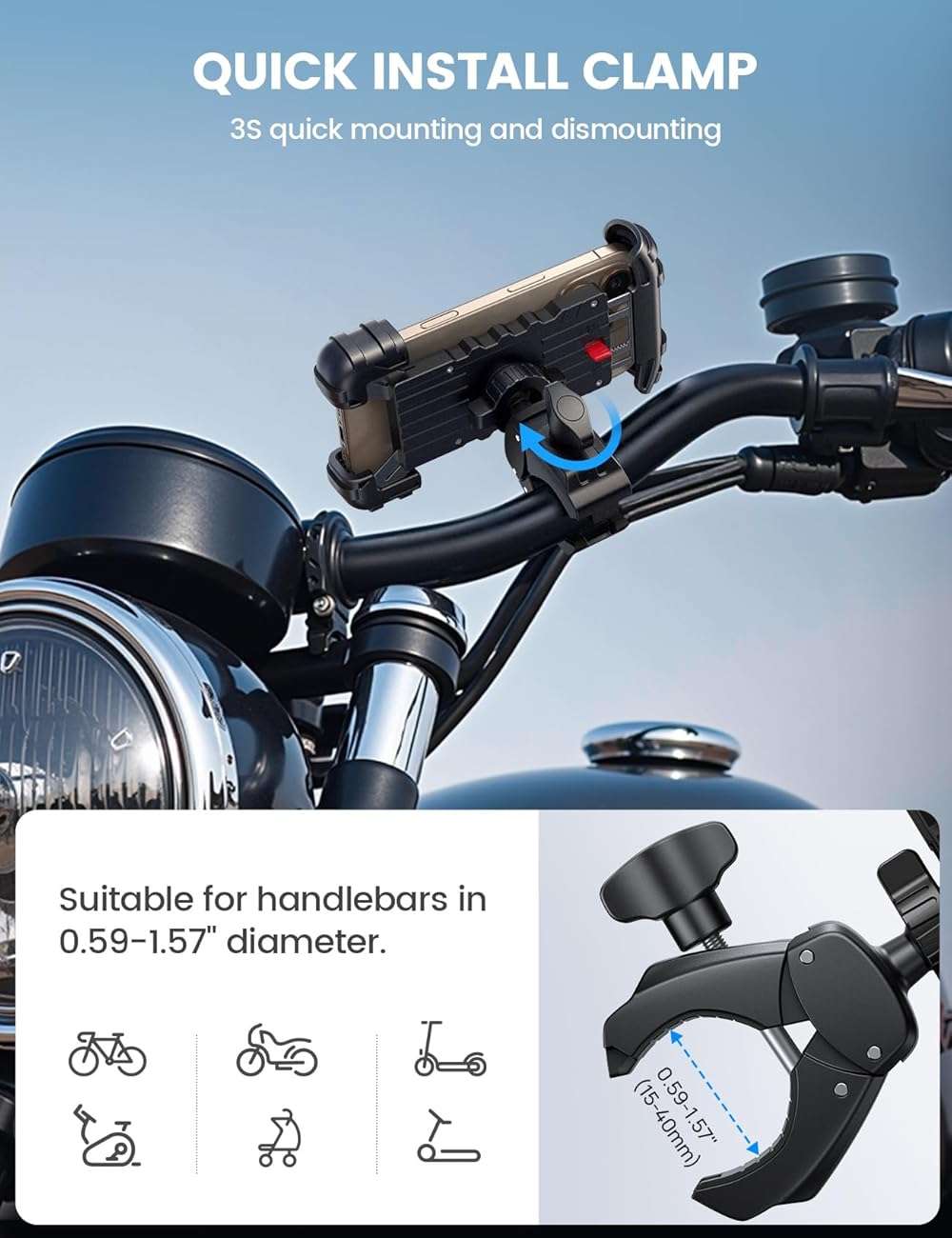 Lamicall Bike Phone Holder Mount - [Lockable & Rotating] Motorcycle Handlebar Phone Mount Clamp, Gifts, E-Bike, ATV Scooter Phone Clip for iPhone Air 17 16 15 14 Pro Max Plus, S20, 4.7-6.8" Cellphone - Image 4