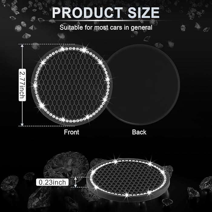 JUSTTOP Car Cup Holder Coaster, Insert 2 Pack Universal Auto Anti Slip, Bling Crystal Rhinestone Car Interior Accessories-Black - Image 2