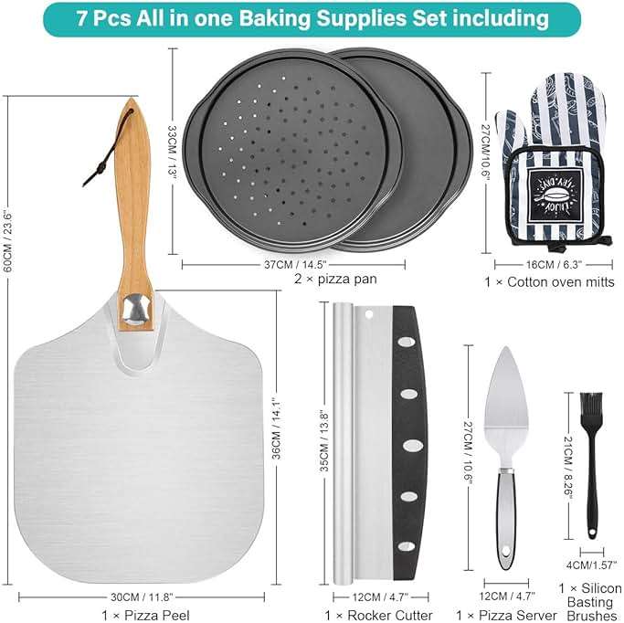 Pizza Peel Pizza Pan Set, 7Pcs Pizza Oven Accessories, 12 Inch Metal Paddle (12"x 14") with Foldable Wooden Handle, 2 Pizza Pans, Rocker Cutter, Pizza Server, Oven Mitts, Oil Brush - Image 2