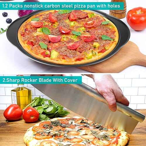 Pizza Peel Pizza Pan Set, 7Pcs Pizza Oven Accessories, 12 Inch Metal Paddle (12"x 14") with Foldable Wooden Handle, 2 Pizza Pans, Rocker Cutter, Pizza Server, Oven Mitts, Oil Brush - Image 3