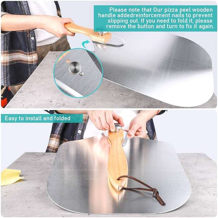 Pizza Peel Pizza Pan Set, 7Pcs Pizza Oven Accessories, 12 Inch Metal Paddle (12"x 14") with Foldable Wooden Handle, 2 Pizza Pans, Rocker Cutter, Pizza Server, Oven Mitts, Oil Brush - Image 4