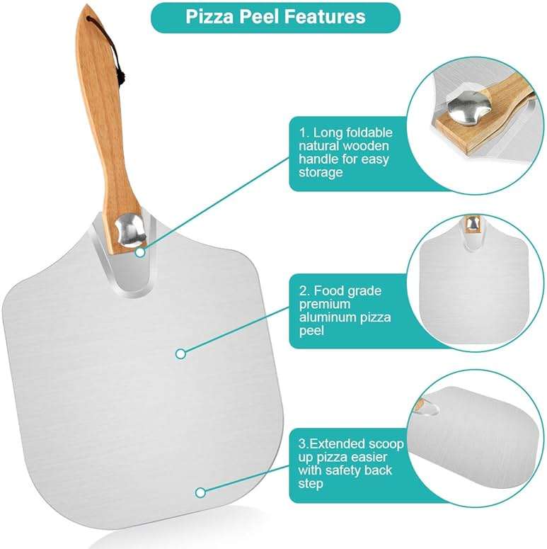 Pizza Peel Pizza Pan Set, 7Pcs Pizza Oven Accessories, 12 Inch Metal Paddle (12"x 14") with Foldable Wooden Handle, 2 Pizza Pans, Rocker Cutter, Pizza Server, Oven Mitts, Oil Brush - Image 5