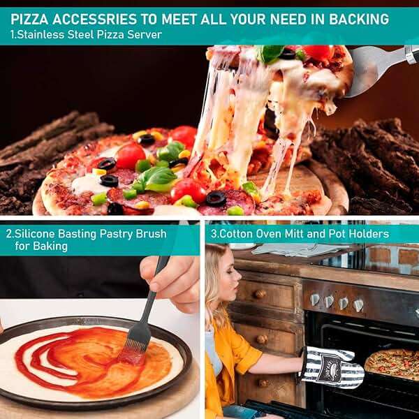 Pizza Peel Pizza Pan Set, 7Pcs Pizza Oven Accessories, 12 Inch Metal Paddle (12"x 14") with Foldable Wooden Handle, 2 Pizza Pans, Rocker Cutter, Pizza Server, Oven Mitts, Oil Brush - Image 6