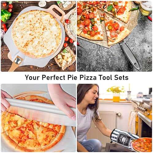 Pizza Peel Pizza Pan Set, 7Pcs Pizza Oven Accessories, 12 Inch Metal Paddle (12"x 14") with Foldable Wooden Handle, 2 Pizza Pans, Rocker Cutter, Pizza Server, Oven Mitts, Oil Brush - Image 7