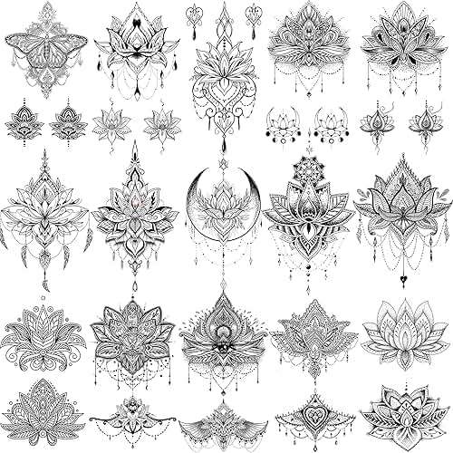 EGMBGM 15 Sheets Sexy Black Lotus Temporary Tattoos For Women Wedding Brides, Tribal Fake Jewelry Pendant Lace Moon Moth Flowers Temp Tattoos Temporary Sticker For Girls Arm Neck Hands Tatoos Jewels - Image 1