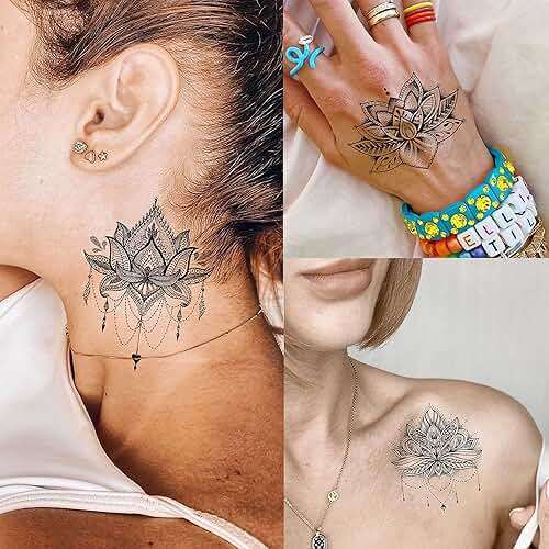 EGMBGM 15 Sheets Sexy Black Lotus Temporary Tattoos For Women Wedding Brides, Tribal Fake Jewelry Pendant Lace Moon Moth Flowers Temp Tattoos Temporary Sticker For Girls Arm Neck Hands Tatoos Jewels - Image 4