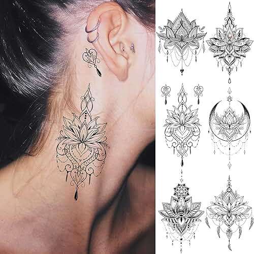 EGMBGM 15 Sheets Sexy Black Lotus Temporary Tattoos For Women Wedding Brides, Tribal Fake Jewelry Pendant Lace Moon Moth Flowers Temp Tattoos Temporary Sticker For Girls Arm Neck Hands Tatoos Jewels - Image 5