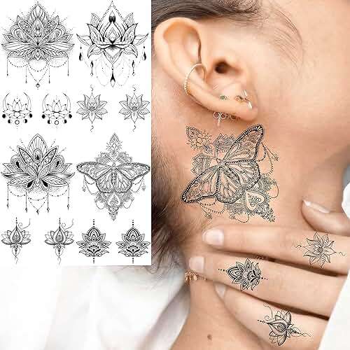 EGMBGM 15 Sheets Sexy Black Lotus Temporary Tattoos For Women Wedding Brides, Tribal Fake Jewelry Pendant Lace Moon Moth Flowers Temp Tattoos Temporary Sticker For Girls Arm Neck Hands Tatoos Jewels - Image 6