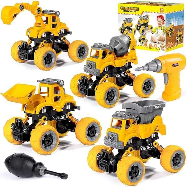 LUDILO Toys for 3 4 5 Year Old Boy Birthday Gift: 4PCS Take Apart Construction Truck Excavator Toy with Electric Drill, Kids Building Stem Learning Toy Gifts for 3 4 5 6 Year Old Boys Toys Age 4-6 3-5 - Image 1