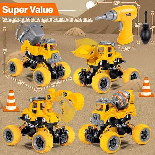 LUDILO Toys for 3 4 5 Year Old Boy Birthday Gift: 4PCS Take Apart Construction Truck Excavator Toy with Electric Drill, Kids Building Stem Learning Toy Gifts for 3 4 5 6 Year Old Boys Toys Age 4-6 3-5 - Image 3