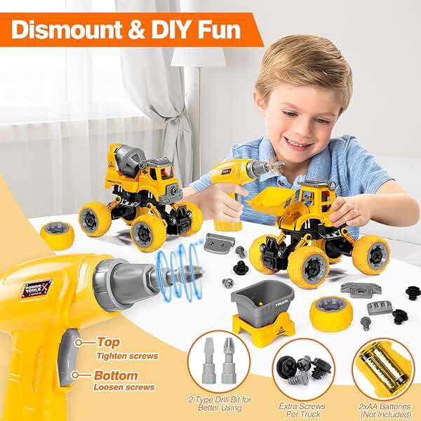 LUDILO Toys for 3 4 5 Year Old Boy Birthday Gift: 4PCS Take Apart Construction Truck Excavator Toy with Electric Drill, Kids Building Stem Learning Toy Gifts for 3 4 5 6 Year Old Boys Toys Age 4-6 3-5 - Image 4