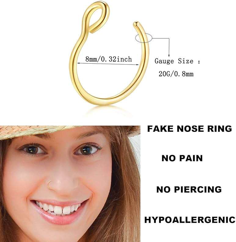 Earmark 20G 5Pcs Adjustable 8MM Fake Nose Rings Hoop in High Polished Surgical Steel | Diameter 8MM | Color Gold - Silver - Black - Rainbow - Image 2