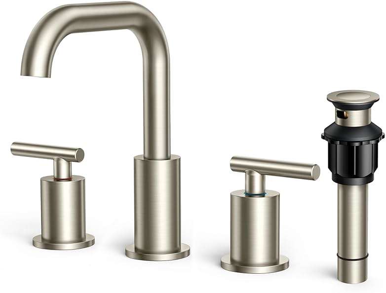 FORIOUS Brushed Nickel 8 Inch Widespread Bathroom Faucet for 3 Hole Sink, 2 Handles 360° Swivel Bathroom Sink Faucet with Pop Up Drain and Hoses, for Vanity Restroom RV Lavatory - Image 1
