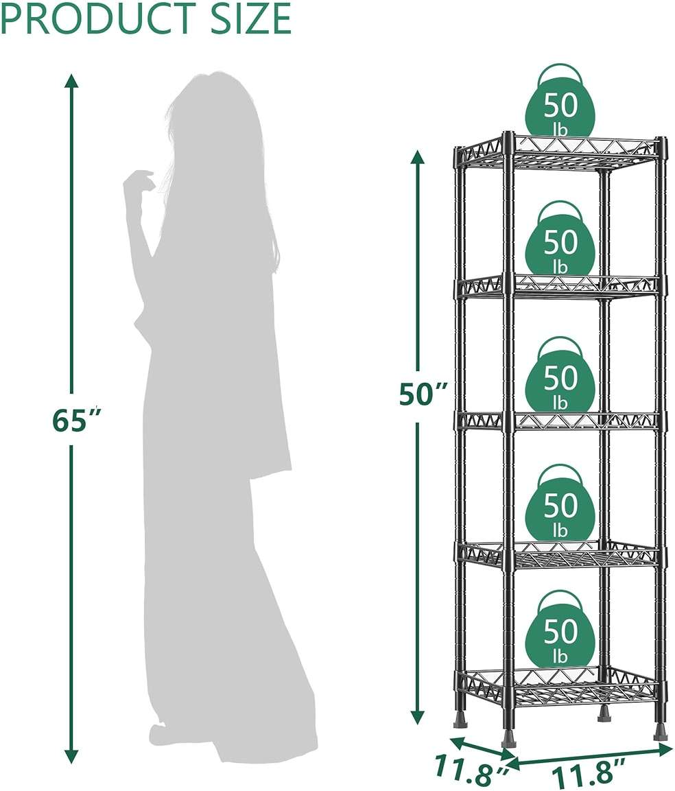 GIOTORENT 5 Tier Standing Shelving Metal Units, Adjustable Height Wire Shelf Display Rack for Laundry Bathroom Kitchen 11.8 W x 11.8 D x 50 H (5-Tier, Black) - Image 2