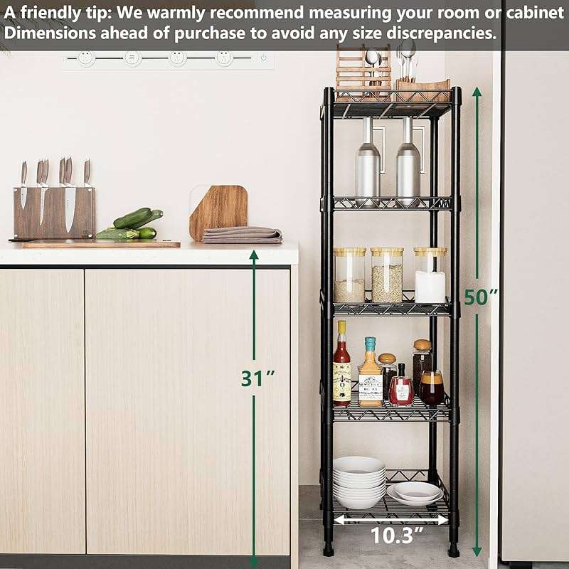 GIOTORENT 5 Tier Standing Shelving Metal Units, Adjustable Height Wire Shelf Display Rack for Laundry Bathroom Kitchen 11.8 W x 11.8 D x 50 H (5-Tier, Black) - Image 7