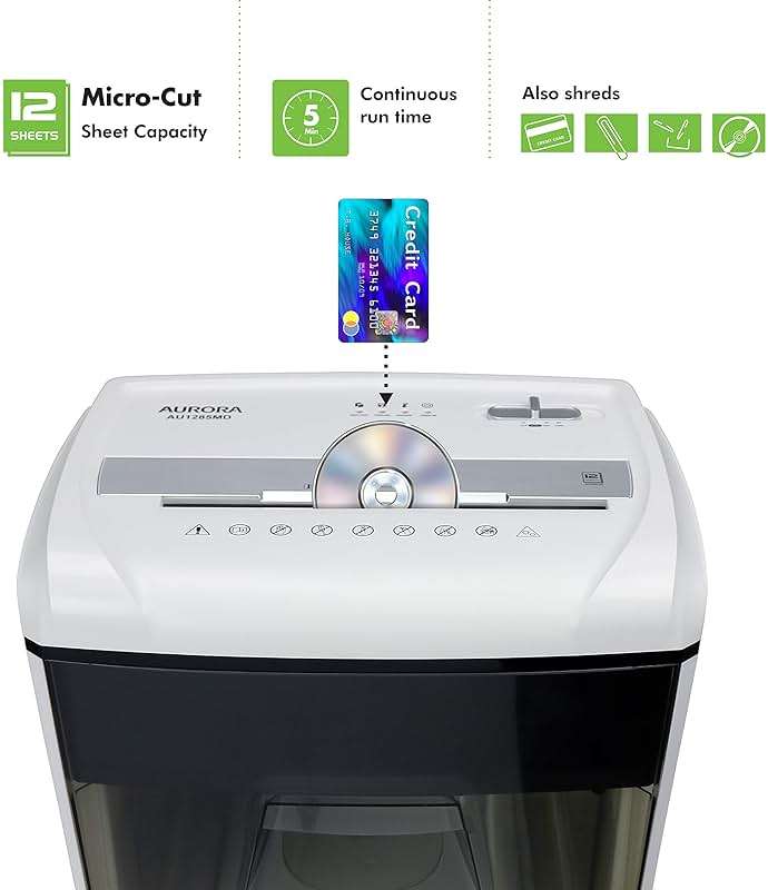Aurora AU1285MD Compact Desktop-Style High Security 12-Sheet Micro-Cut Paper and CD/Credit Card/Junk Mail Pullout Basket Shredder, White/Black - Image 2