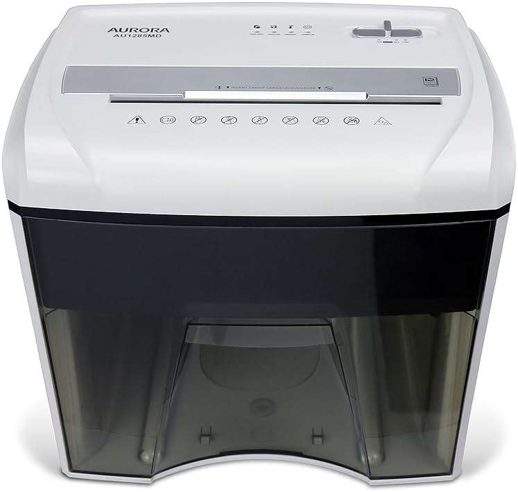 Aurora AU1285MD Compact Desktop-Style High Security 12-Sheet Micro-Cut Paper and CD/Credit Card/Junk Mail Pullout Basket Shredder, White/Black - Image 6