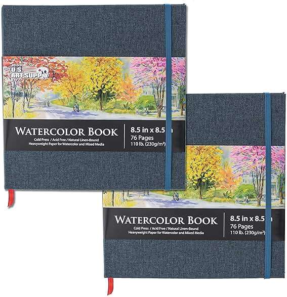 U.S. Art Supply 8.5" x 8.5" Watercolor Book (2 Pack, 76 Sheets Each) - 110lb (230 GSM) Linen-Bound Hardcover Artist Paper Pads - Acid-Free Cold-Pressed Watercolor Paper Pad Mixed Media - Image 1