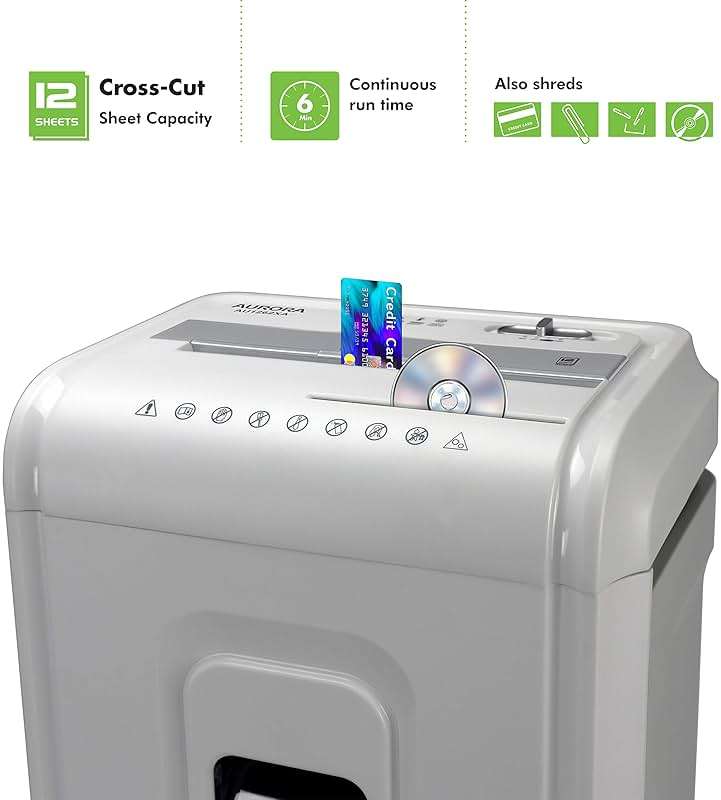 Aurora AU1262XA Anti-Jam 12-Sheet Crosscut Paper and CD/Credit Card Shredder, White/Gray - Image 2