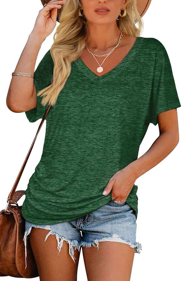 WIHOLL Womens Summer T-Shirts Short Sleeve V Neck Dolman Tops with Side Shirring Loose Fit Shirts Spring Fashion - Image 2