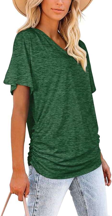 WIHOLL Womens Summer T-Shirts Short Sleeve V Neck Dolman Tops with Side Shirring Loose Fit Shirts Spring Fashion - Image 3