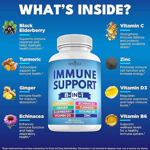 NEW AGE 8 in 1 Immune Support Booster Supplement with Echinacea, Vitamin C and Zinc 50mg, Vitamin D 5000 IU, Turmeric Curcumin & Ginger, B6, Elderberry 120 Count (Pack of 2) - Image 2