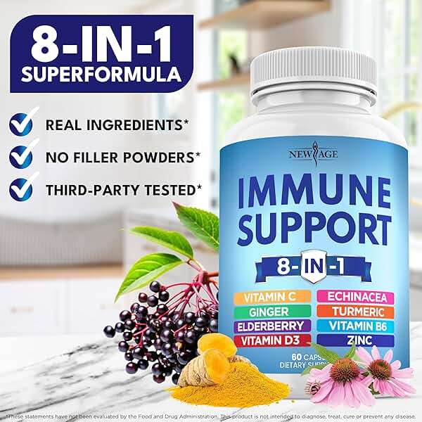 NEW AGE 8 in 1 Immune Support Booster Supplement with Echinacea, Vitamin C and Zinc 50mg, Vitamin D 5000 IU, Turmeric Curcumin & Ginger, B6, Elderberry 120 Count (Pack of 2) - Image 7