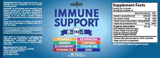 NEW AGE 8 in 1 Immune Support Booster Supplement with Echinacea, Vitamin C and Zinc 50mg, Vitamin D 5000 IU, Turmeric Curcumin & Ginger, B6, Elderberry 120 Count (Pack of 2) - Image 8