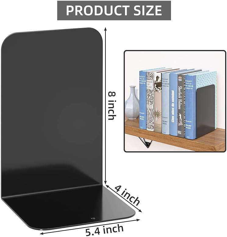VFINE Bookends 1 Pair, Black Metal Book Ends, Heavy Bookends for Shelves, Book Stopper for Heavy Books, Book Organizer for Home Office School Supplies - Image 3