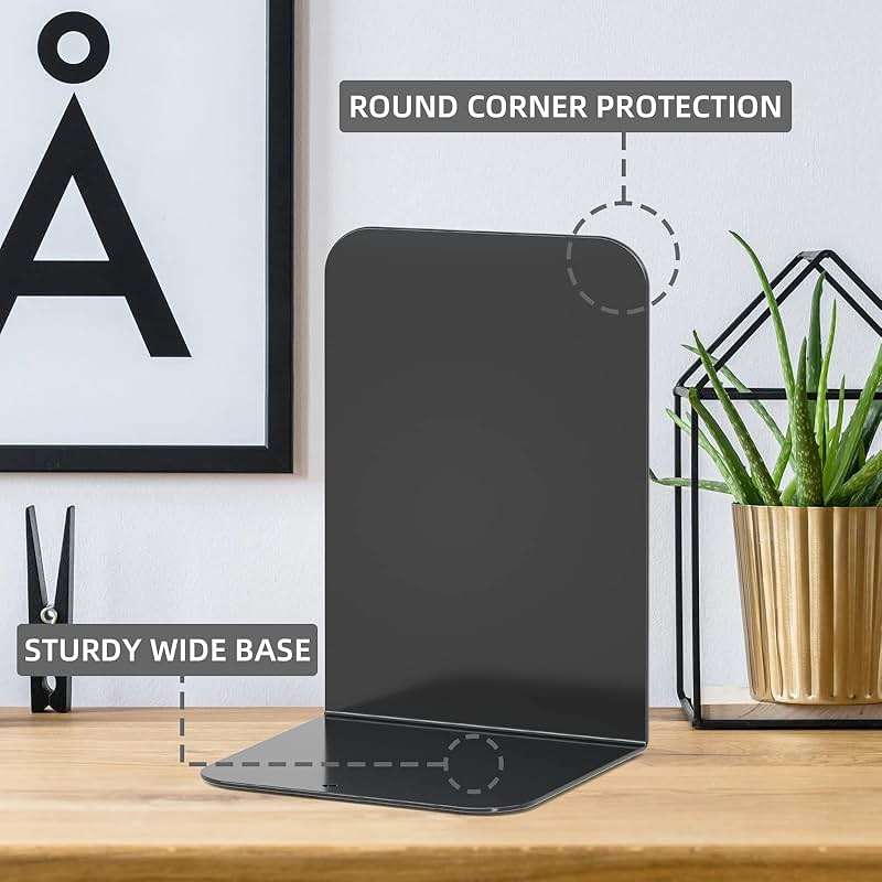VFINE Bookends 1 Pair, Black Metal Book Ends, Heavy Bookends for Shelves, Book Stopper for Heavy Books, Book Organizer for Home Office School Supplies - Image 4