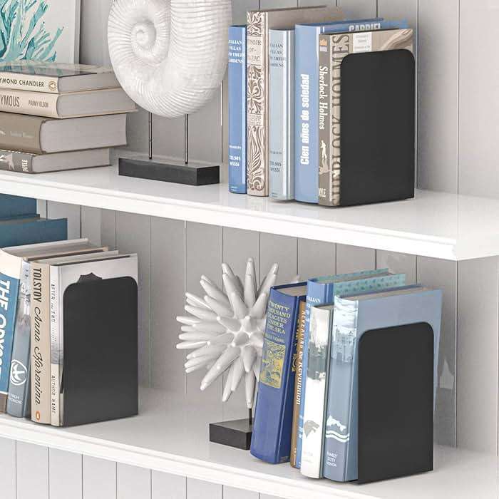 VFINE Bookends 1 Pair, Black Metal Book Ends, Heavy Bookends for Shelves, Book Stopper for Heavy Books, Book Organizer for Home Office School Supplies - Image 6
