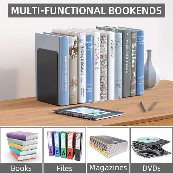 VFINE Bookends 1 Pair, Black Metal Book Ends, Heavy Bookends for Shelves, Book Stopper for Heavy Books, Book Organizer for Home Office School Supplies - Image 7