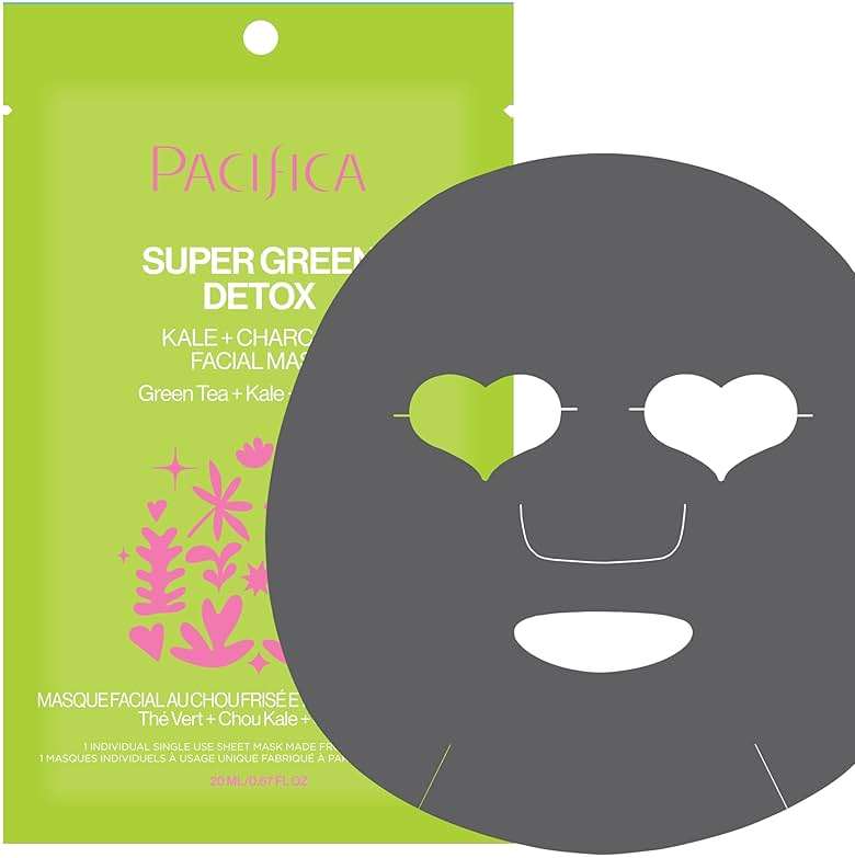 Pacifica Super Green Detox Sheet Mask – Charcoal, Kale & Clay Pore Cleansing Mask for Oily, Blemish-Prone Skin, Deep Detox Facial Mask, Vegan - Image 1