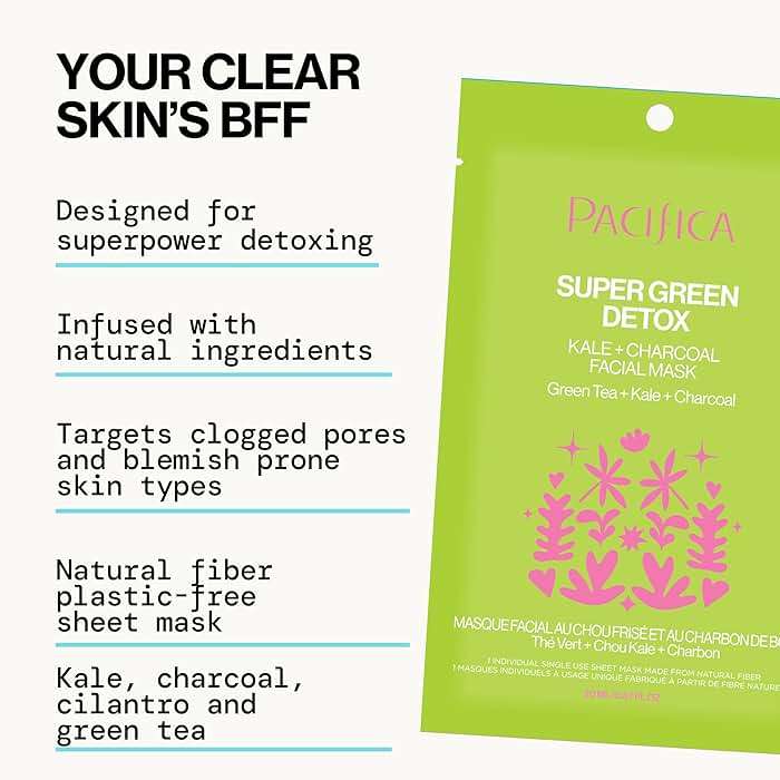 Pacifica Super Green Detox Sheet Mask – Charcoal, Kale & Clay Pore Cleansing Mask for Oily, Blemish-Prone Skin, Deep Detox Facial Mask, Vegan - Image 3