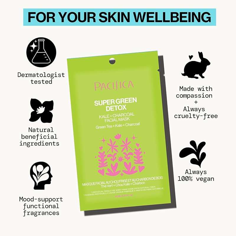 Pacifica Super Green Detox Sheet Mask – Charcoal, Kale & Clay Pore Cleansing Mask for Oily, Blemish-Prone Skin, Deep Detox Facial Mask, Vegan - Image 6