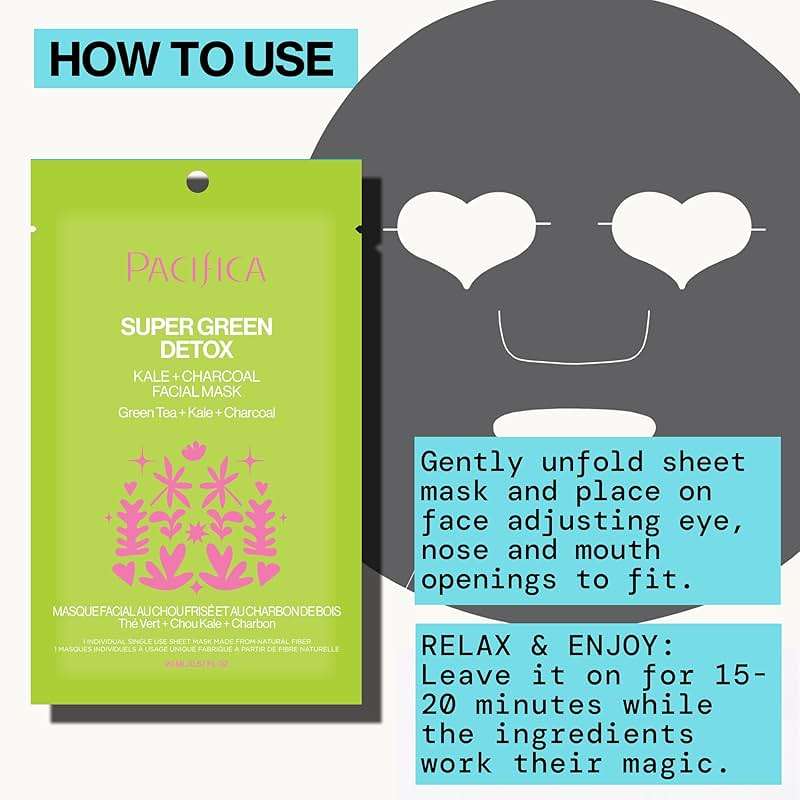 Pacifica Super Green Detox Sheet Mask – Charcoal, Kale & Clay Pore Cleansing Mask for Oily, Blemish-Prone Skin, Deep Detox Facial Mask, Vegan - Image 7