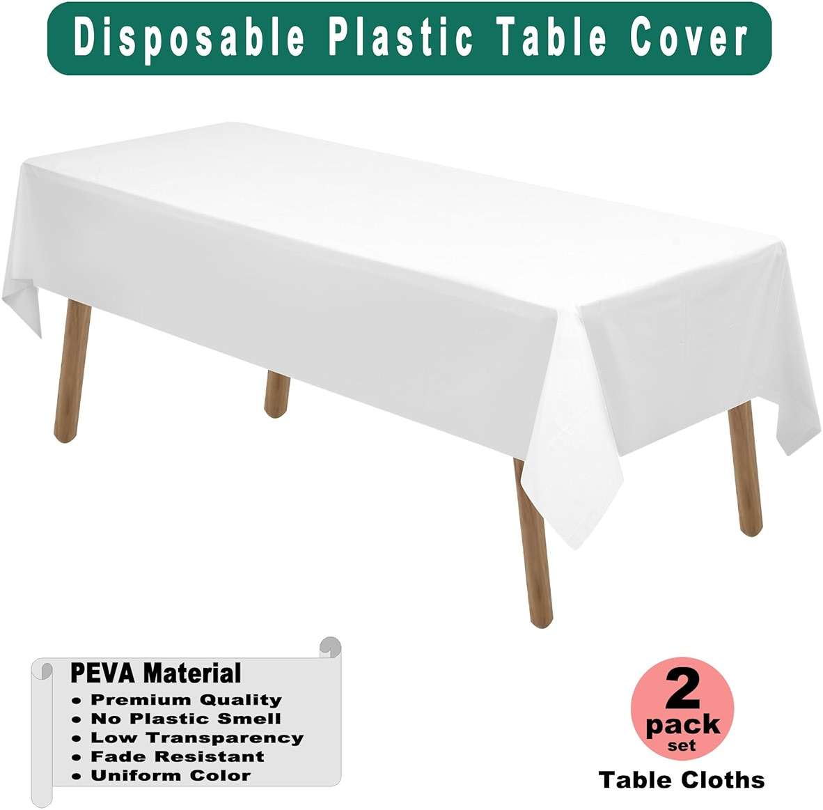 PARTY ULYJA White Plastic Tablecloths 2 Pack Disposable Table Covers 54 x 108 Inch Bridal Shower PEVA Vinyl Table Cloths for Picnic Birthday Wedding Banquet Parties 8 ft Rectangle Table Use - Image 3