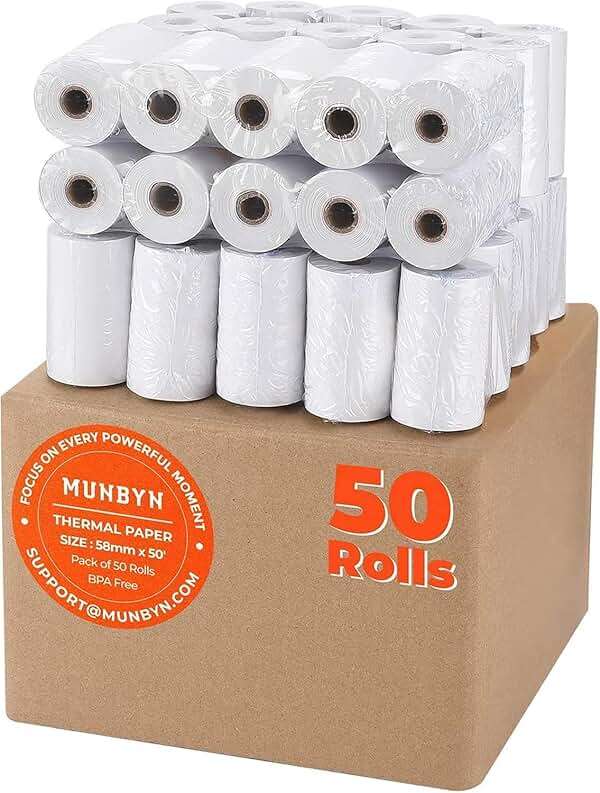 MUNBYN 2 1/4" inch x 50'ft Thermal Paper (50 Rolls), BPA Free Receipt Paper, 58mm Thermal Receipt Papers Fits All 58mm Thermal POS Printer, Square Terminal Credit Card Machines printers clearly - Image 1