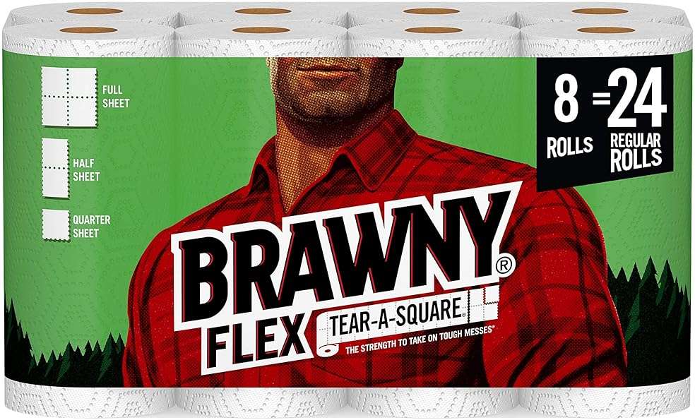 Brawny Flex Paper Towels, 8 Triple Rolls = 24 Regular Rolls, Tear-A-Square, 3 Sheet Size Options, Quarter Size Sheets - Image 1