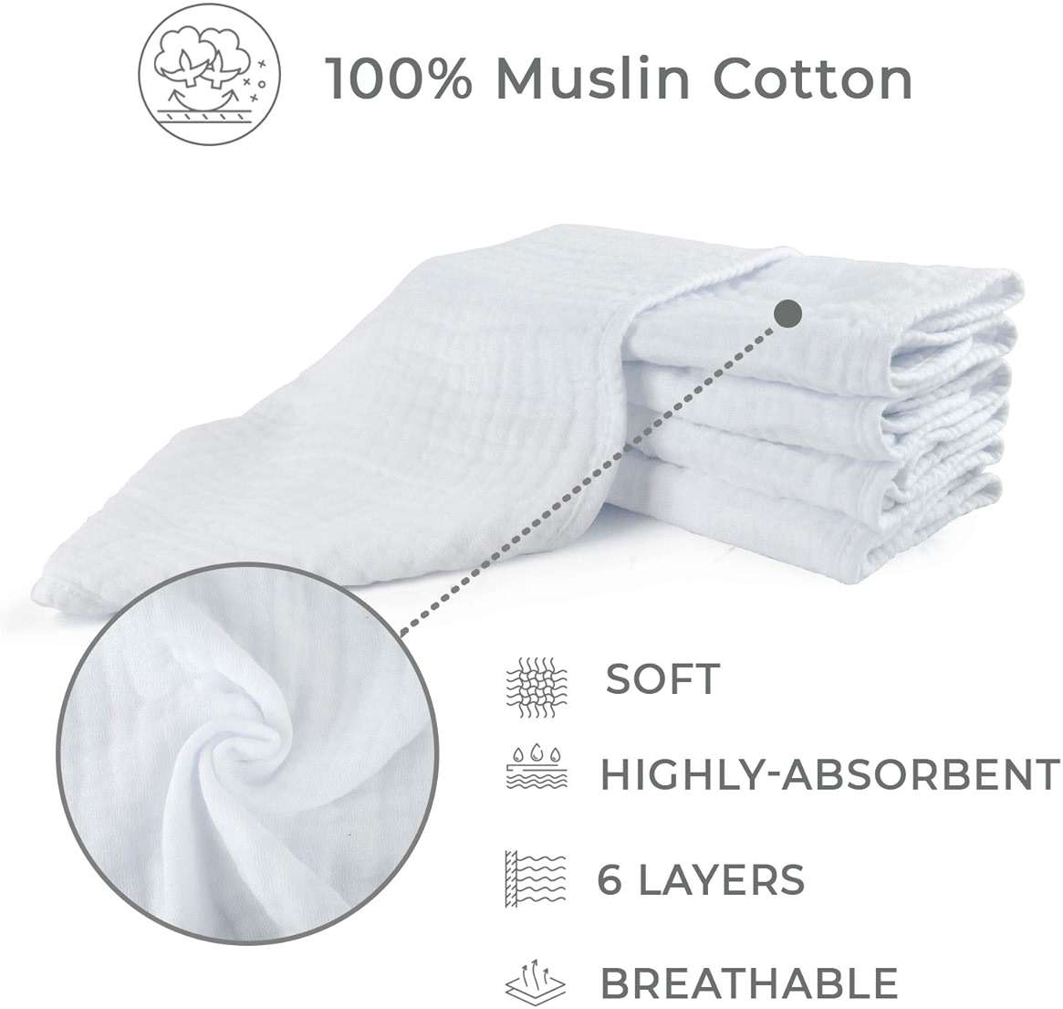 Dodo Babies Baby Muslin Burp Cloths 5 Pack 2 Pacifier Clips + Pacifier Case, 100% Cotton Large 20" by 10" Hand Washcloths, 6 Layers Extra Absorbent and Soft, Excellent Baby Shower/Registry Gift - Image 4
