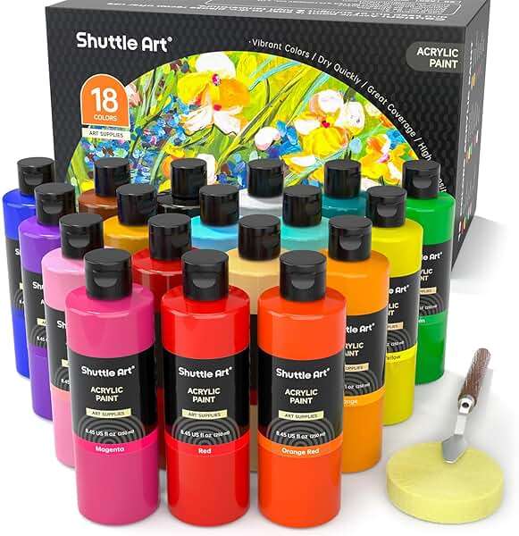 Shuttle Art 18 Colors Acrylic Paint Bottle Set (250ml/8.45oz), Rich Pigmented Bulk Painting Supplies for Artists, Beginners and Kids on Rocks Crafts Canvas Wood Ceramic - Image 1