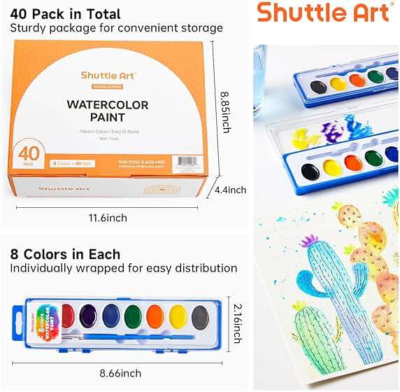 Shuttle Art 40 Pack Watercolor Paint Set, 8 Colors Watercolor Paint with Paint Brushes for Kids and Adults, Washable Paint for Classroom, Parties, Kindergarten and Art Activities - Image 8