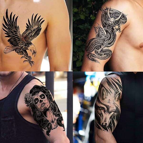 VANTATY 50 Sheets Black Temporary Tattoos For Men Adults Ealge Dragon Lion Wolf Animals For Women Neck Arm Thigh, Fake Small Skull Tattoo Sticker For Kids Children Boys Girls Tatoos - Image 2