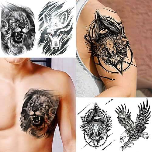 VANTATY 50 Sheets Black Temporary Tattoos For Men Adults Ealge Dragon Lion Wolf Animals For Women Neck Arm Thigh, Fake Small Skull Tattoo Sticker For Kids Children Boys Girls Tatoos - Image 6