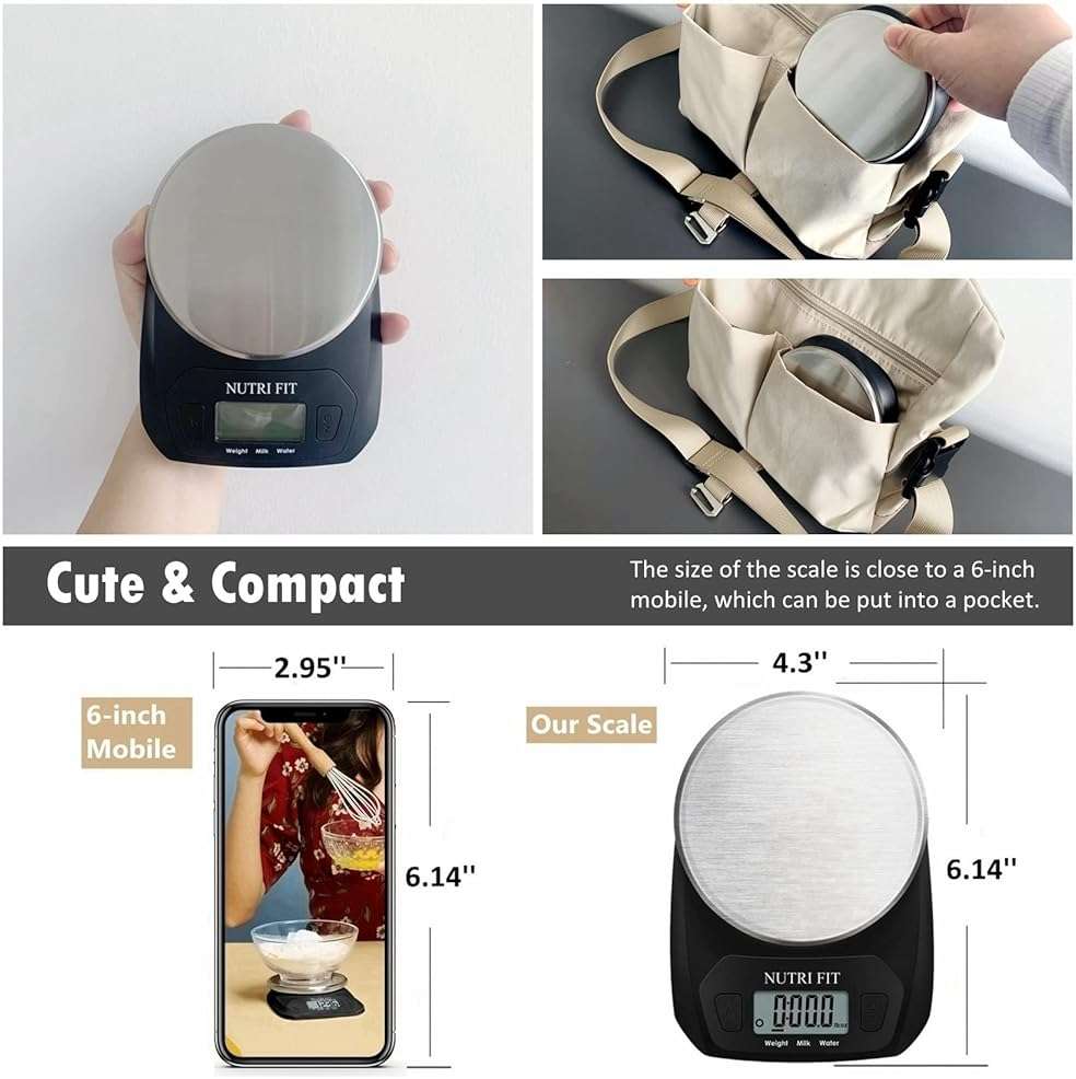 NUTRI FIT Digital Food Scale Small Kitchen Scales Weight in Grams and OZ for Cooking Baking Weight Loss, Stainless Steel Tare & Backlit LCD Display, Black - Image 2