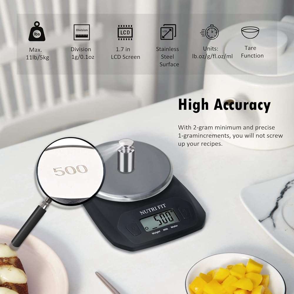 NUTRI FIT Digital Food Scale Small Kitchen Scales Weight in Grams and OZ for Cooking Baking Weight Loss, Stainless Steel Tare & Backlit LCD Display, Black - Image 3